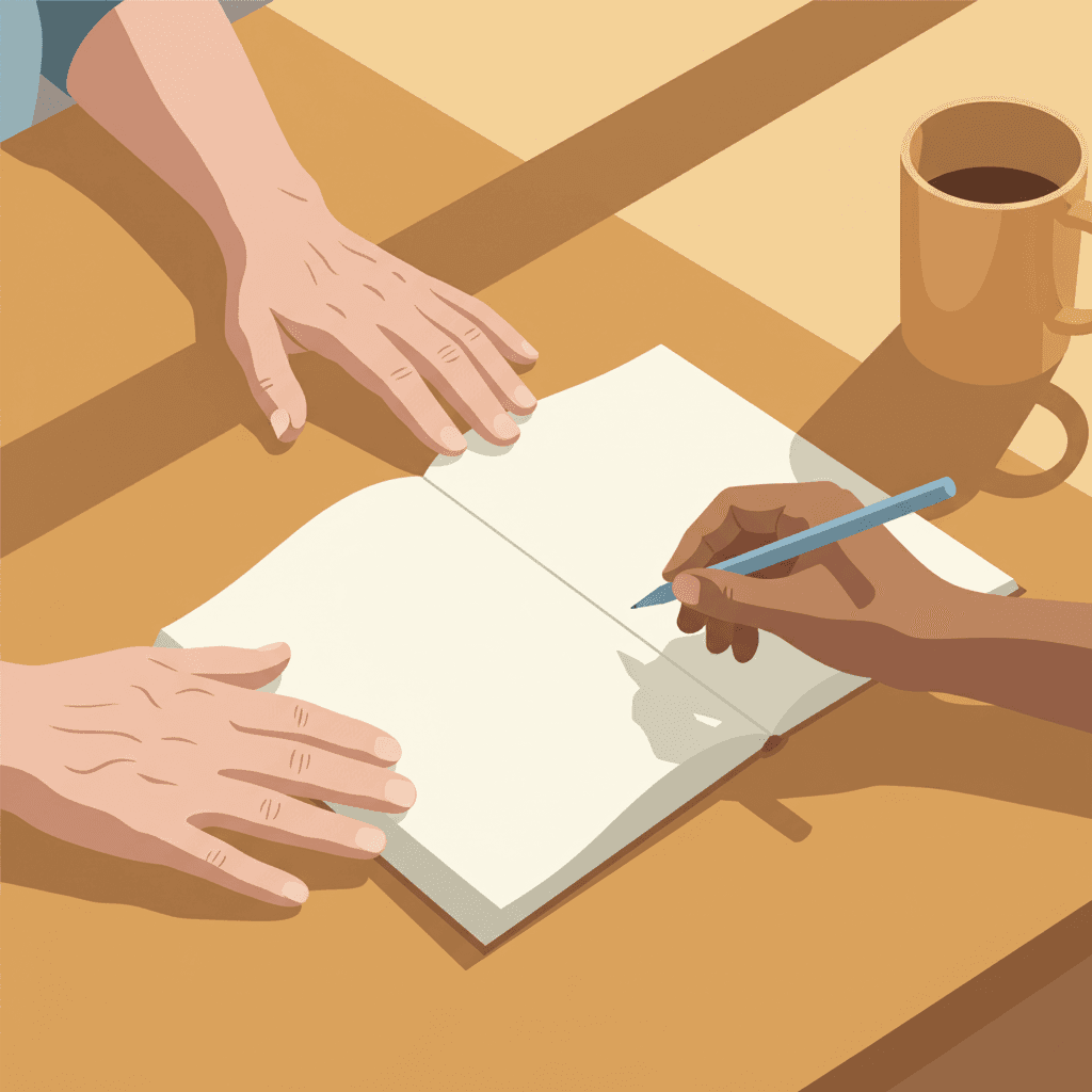 Planner open on desk with a phone and coffee, representing the 40-70 rule for aging parent conversations