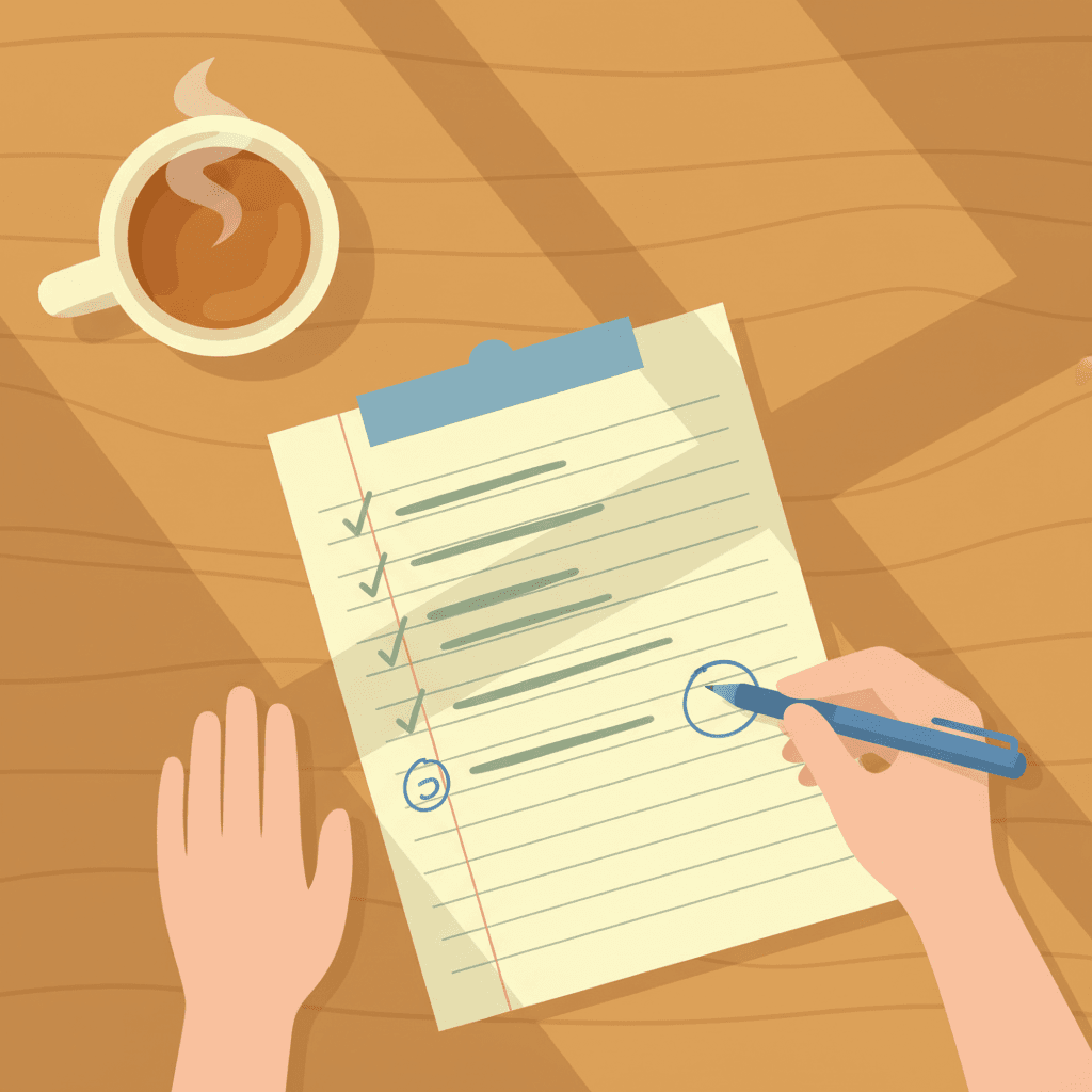 Phone on kitchen counter beside a handwritten checklist, representing the check-in families often overlook