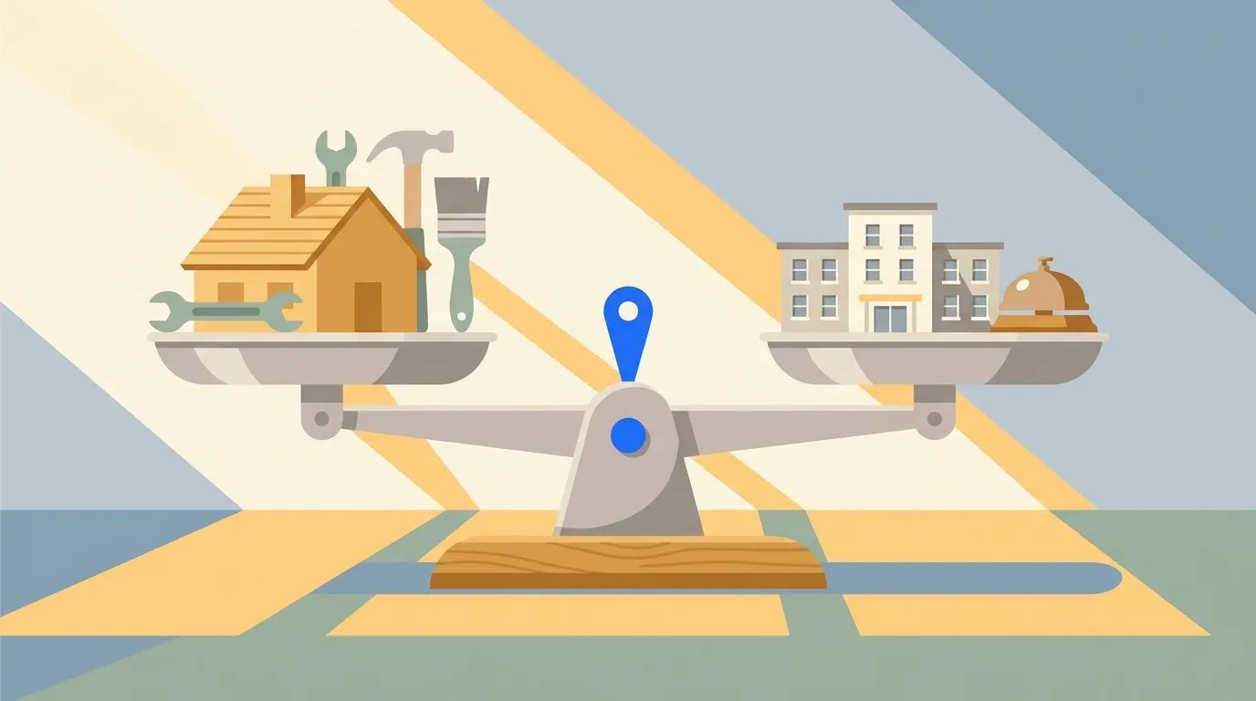 A balanced scale compares the practical components of aging at home and assisted living.