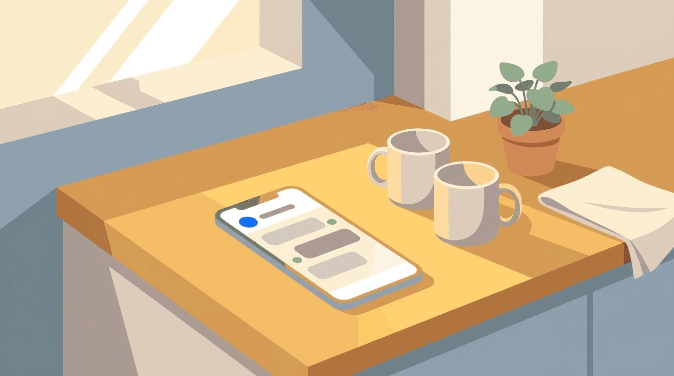 Flat illustration of a smartphone showing a wellness check-in message beside two coffee mugs on a sunlit counter, representing the choice between an AI wellness call and calling an elderly parent yourself.