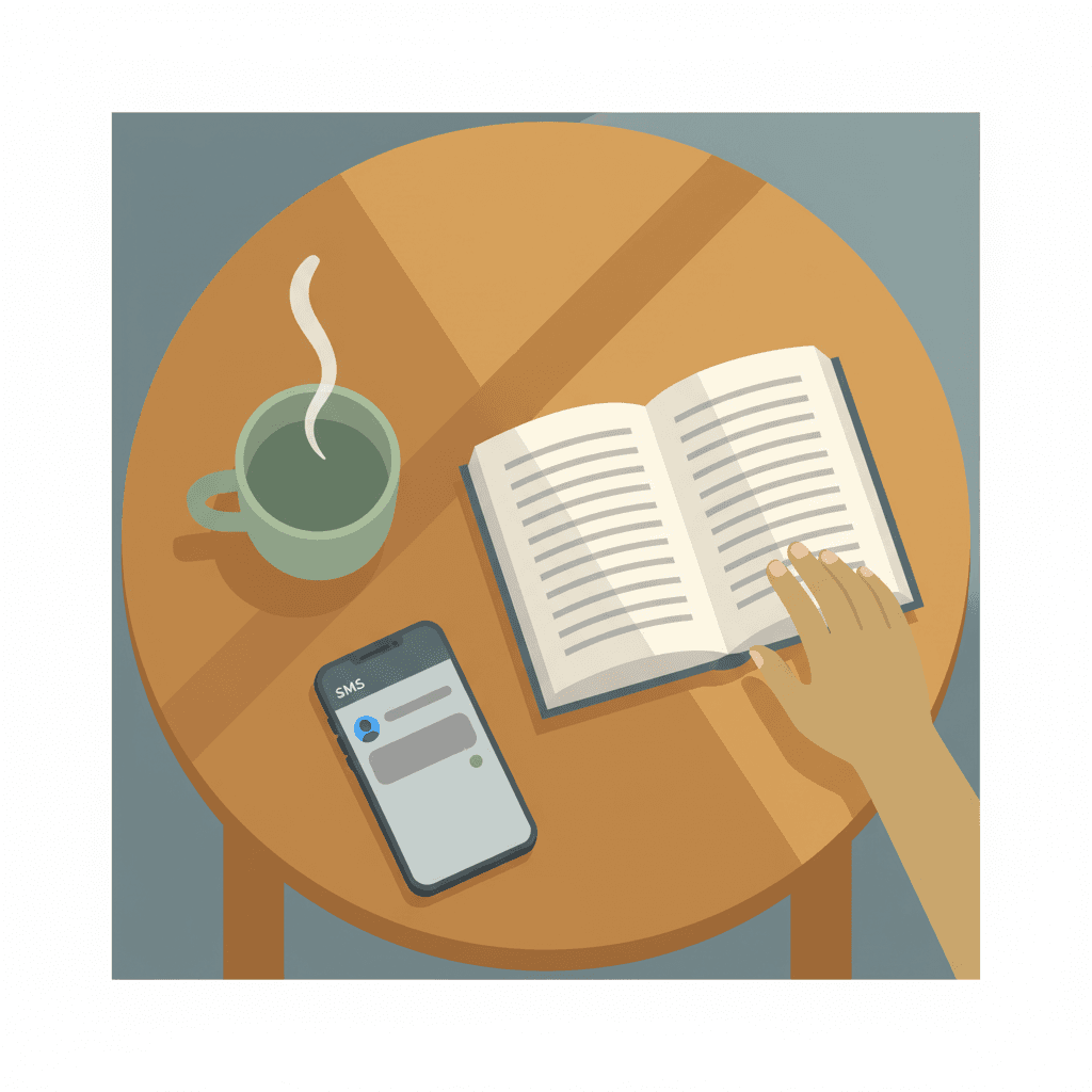 Open book beside a tea cup and phone on a round reading table, illustrating book club connection rituals