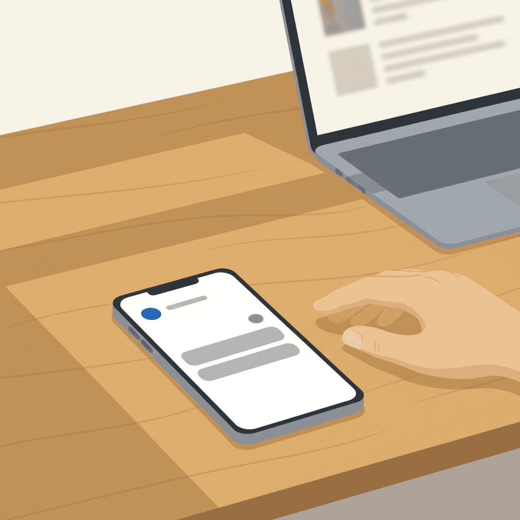 Phone on desk beside a laptop, illustrating the contrast between social broadcasting and personal connection