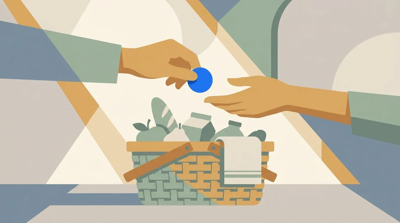 Family members exchange a care token above a shared caregiving basket.