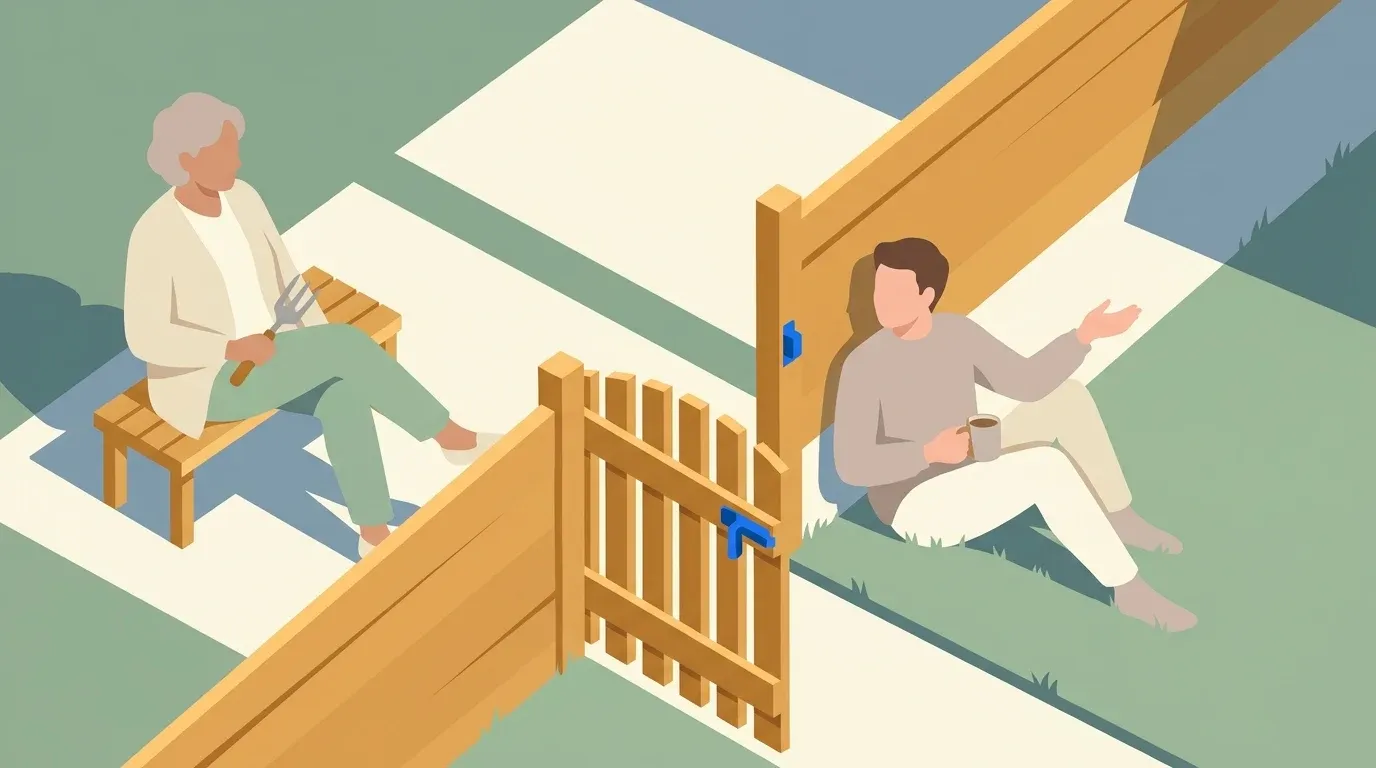 An open garden gate represents caring boundaries between an aging parent and adult child.
