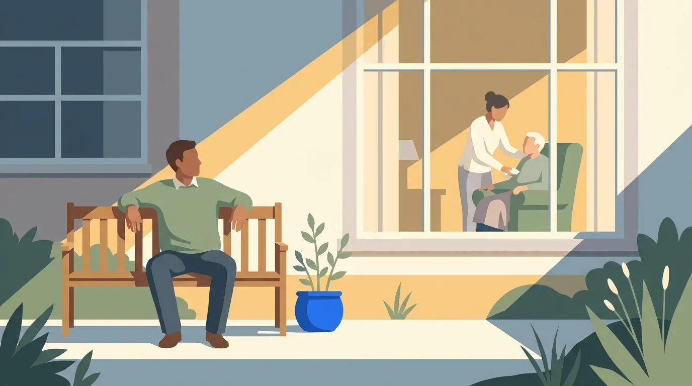 A caregiver takes a restorative break while trusted care continues safely nearby.
