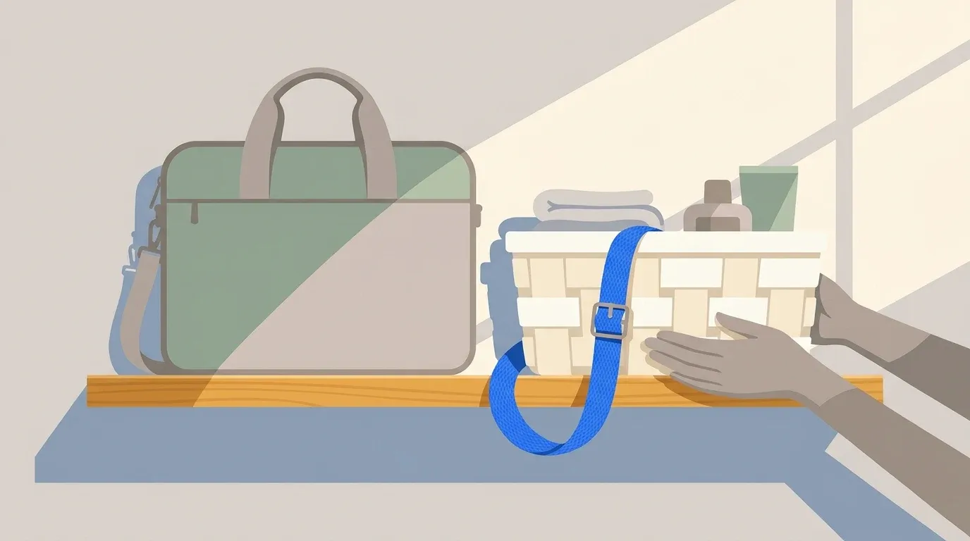 A work bag and caregiving basket are balanced with help from another family member.