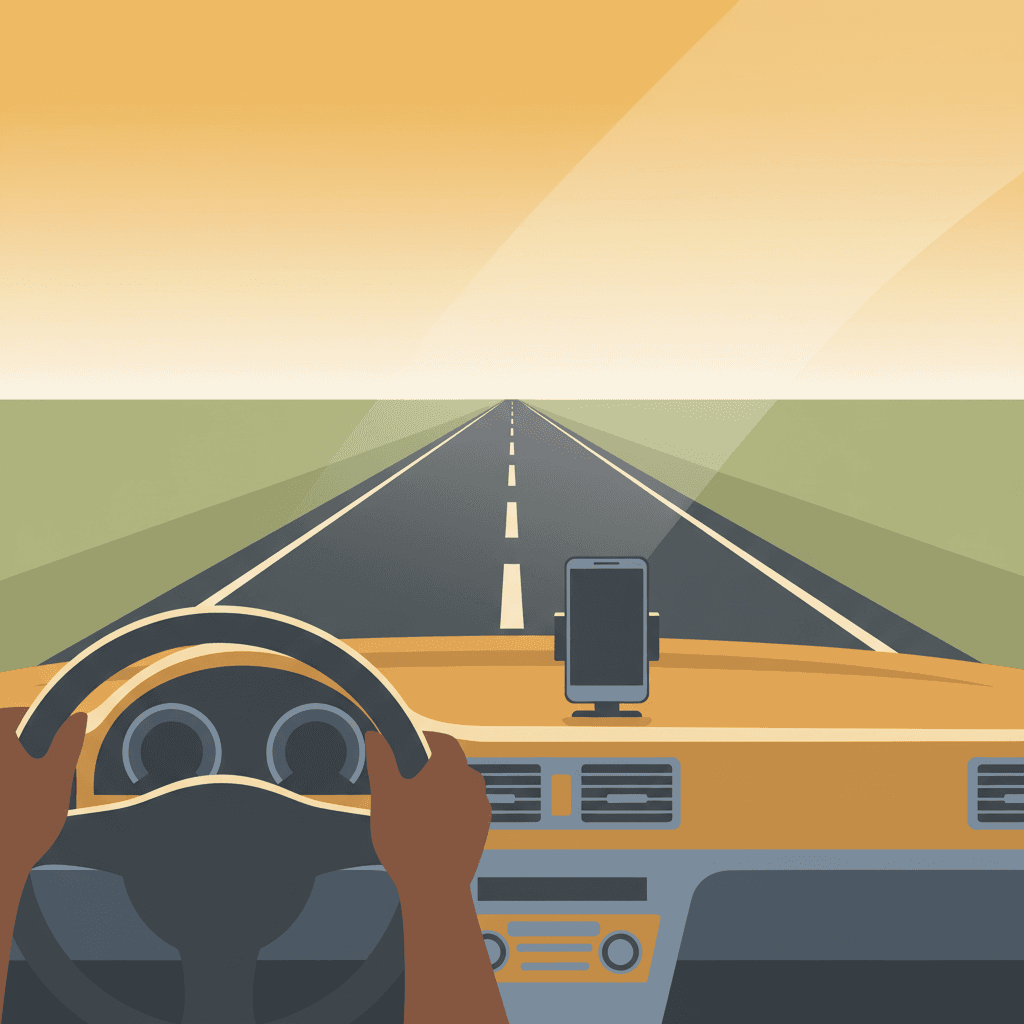 Highway view from car window, symbolizing caring for an aging parent from a distance