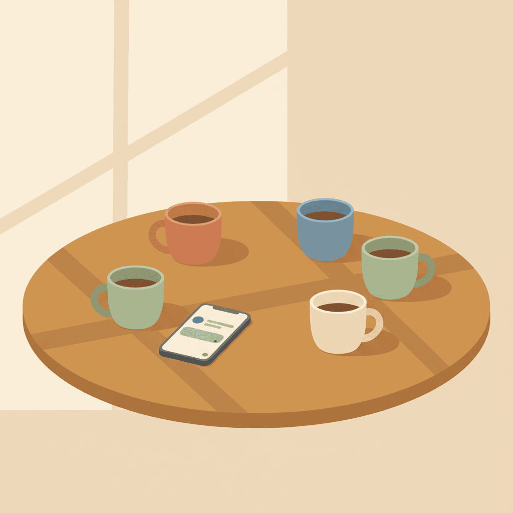 Five colorful mugs around a round table with a phone at center, representing a community care circle