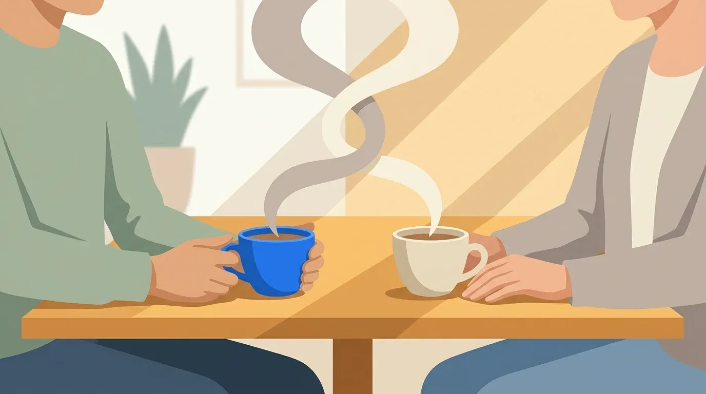 Two cups of tea and joining steam represent a deeper conversation with an elderly parent.