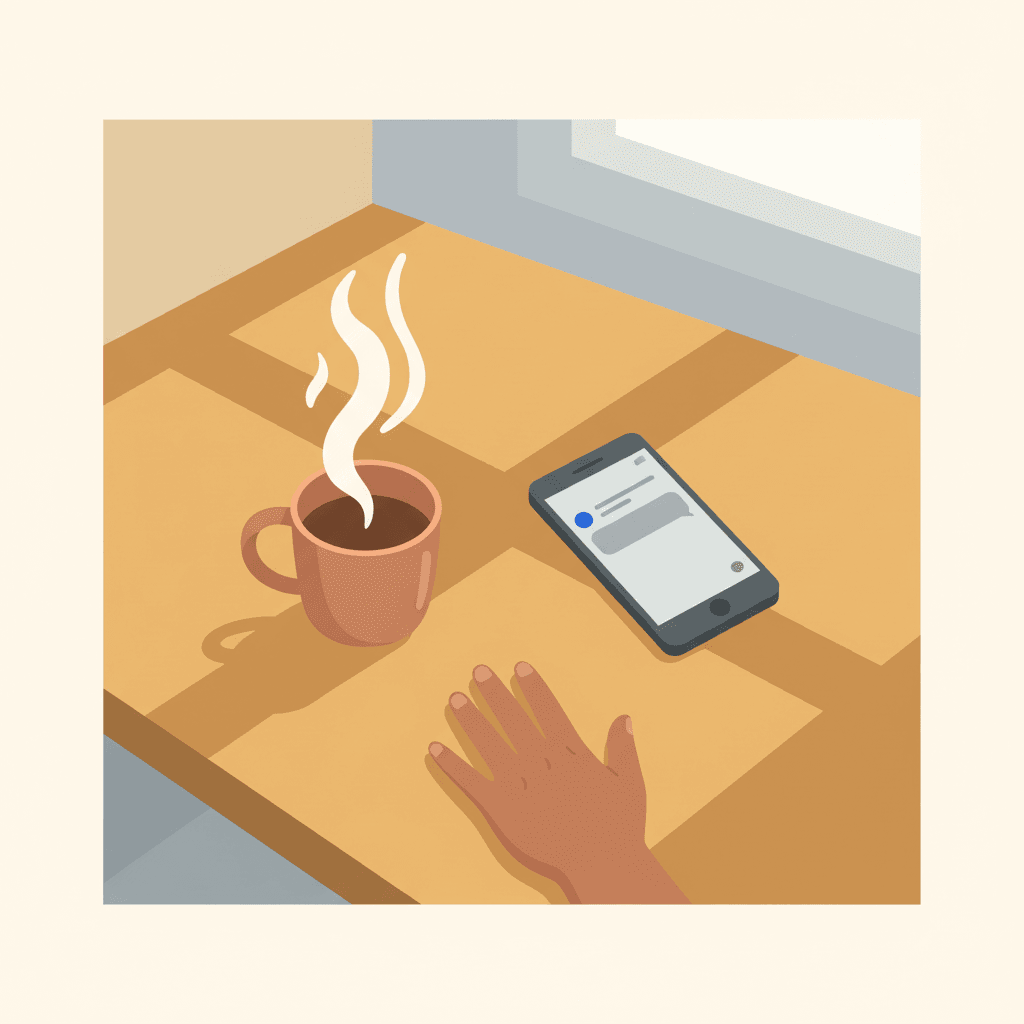 Coffee mug and phone on a morning kitchen counter, representing a meaningful daily check-in ritual