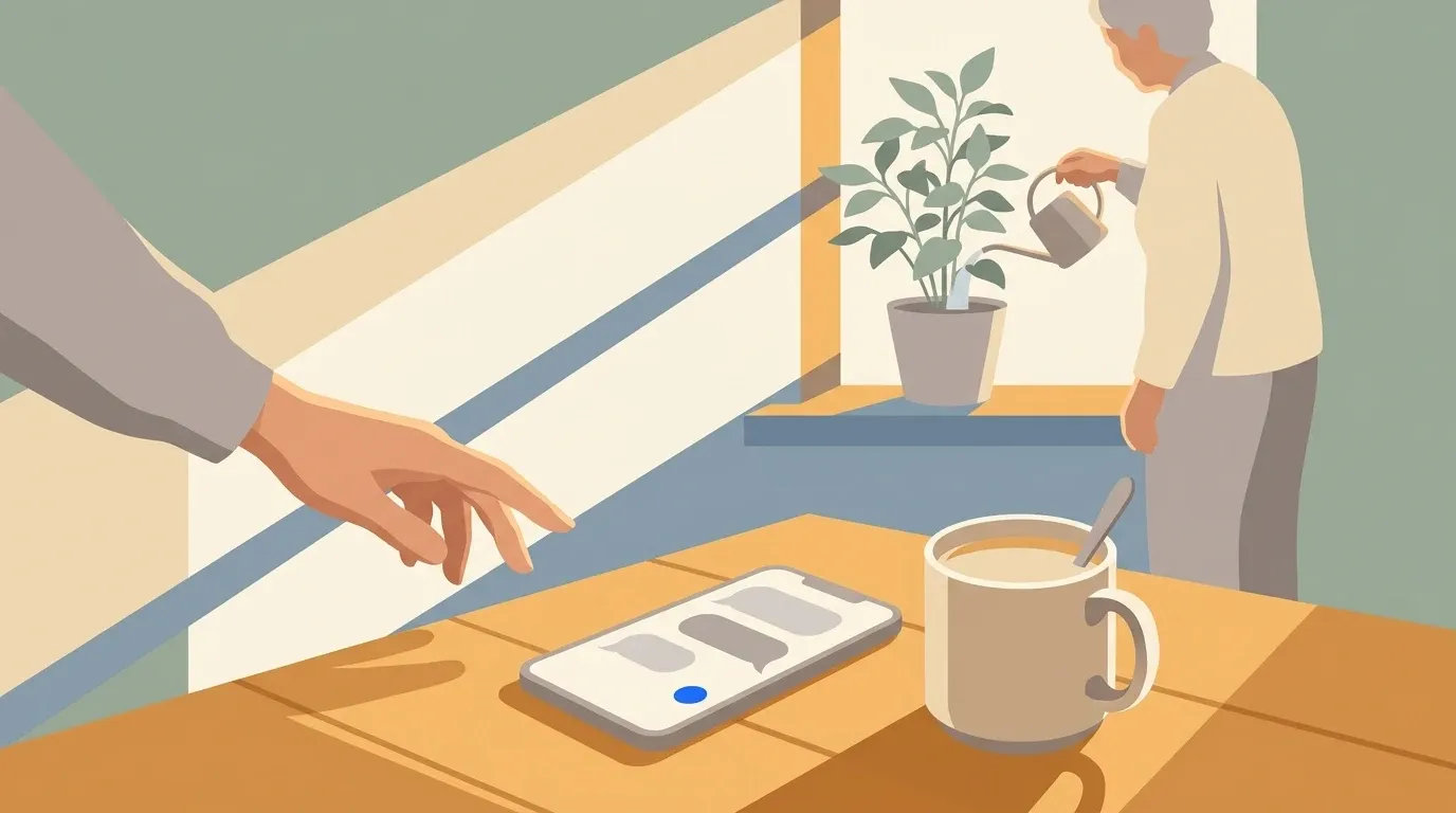A contextual phone check-in supports an aging parent’s calm daily routine without becoming the focus.