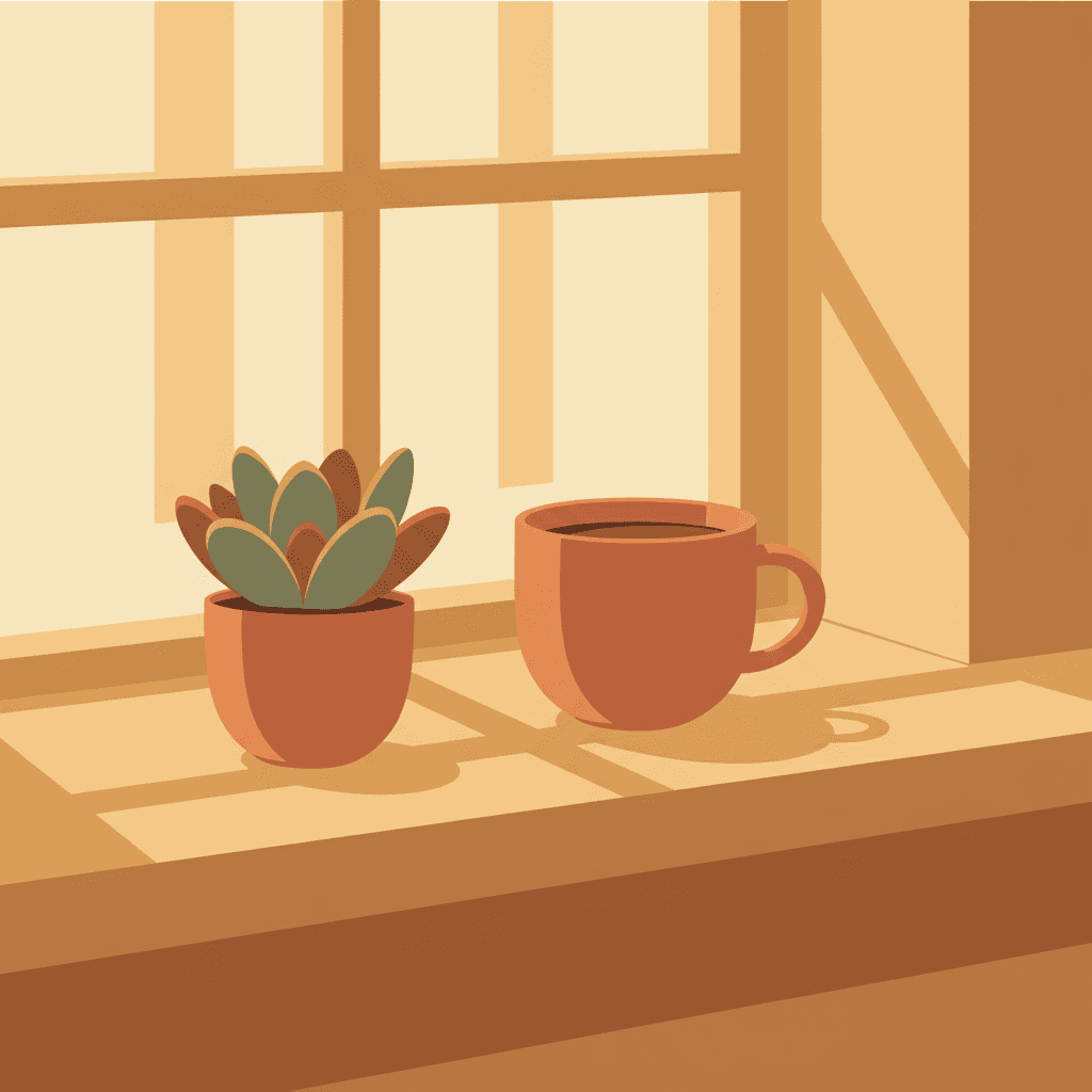 Daily connection ritual windowsill mug succulent illustration