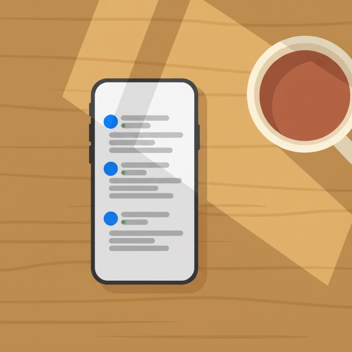 A smartphone lying flat on a warm wooden surface shows three stacked VIPCall daily update conversations with blue sender icons and gray message bubbles, beside a warm mug of tea in morning light