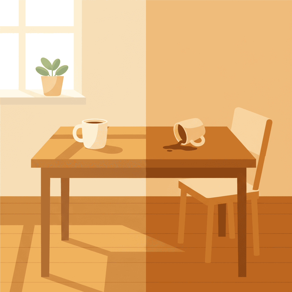 Phone on table with morning light, contrasting daily connection with emergency check-ins