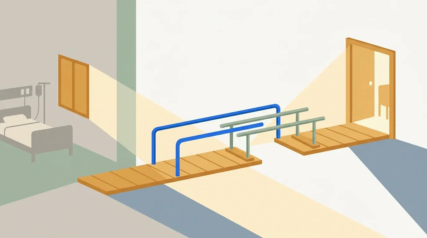 A bridge links hospital care, rehabilitation therapy, and home recovery.