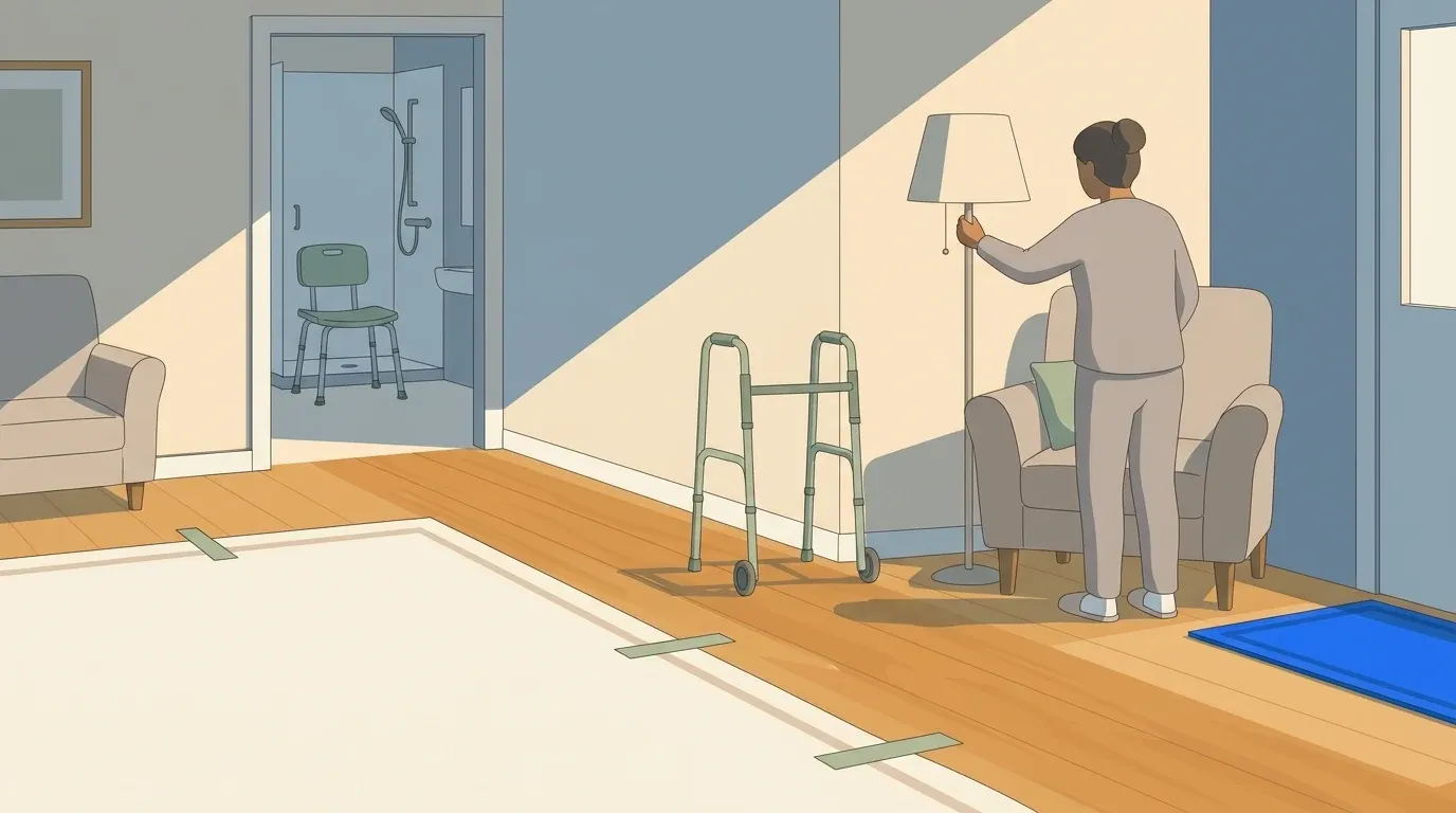 A family prepares a safe, clear home entry for an elderly parent returning from the hospital.