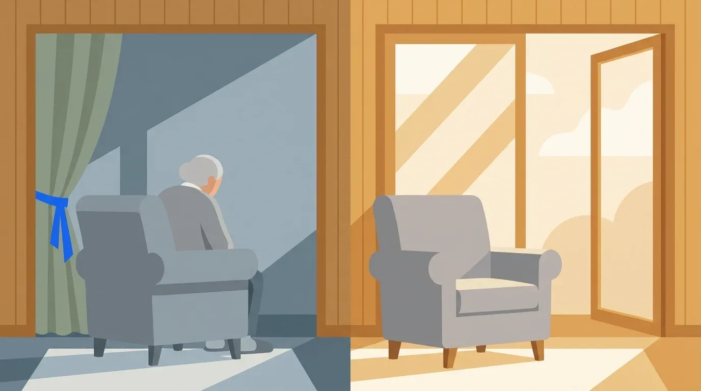 A split home scene distinguishes withdrawn stillness from the absence of social connection.