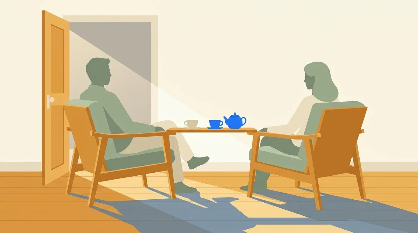 A shared tea tray creates a bridge between an aging parent and an adult child discussing help.