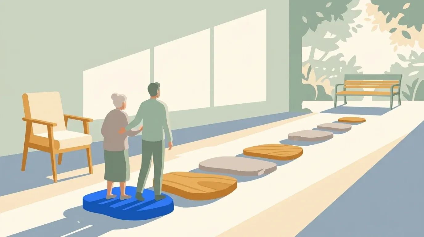 An older adult begins a gradual path from bedside recovery toward a sunny garden.
