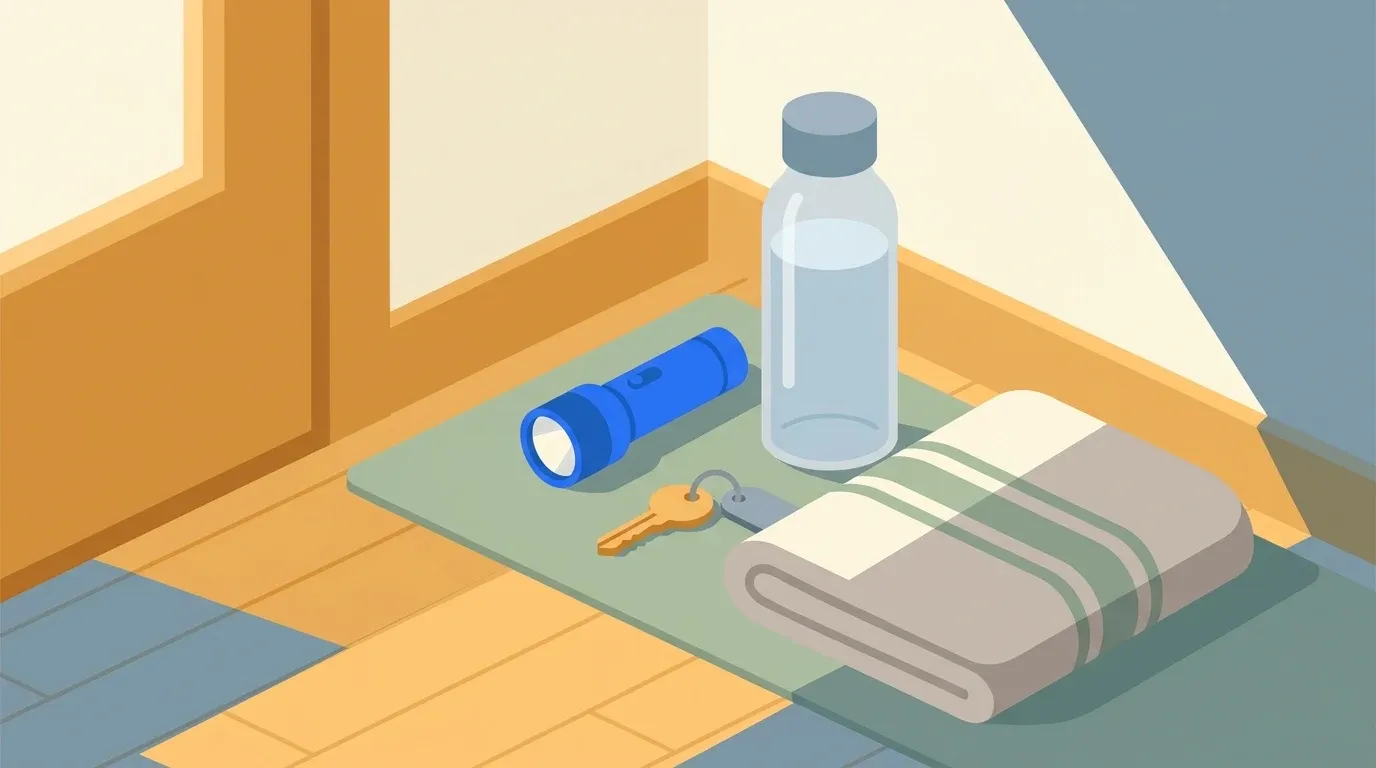 An organized emergency kit waits beside the door of a parent who lives alone.