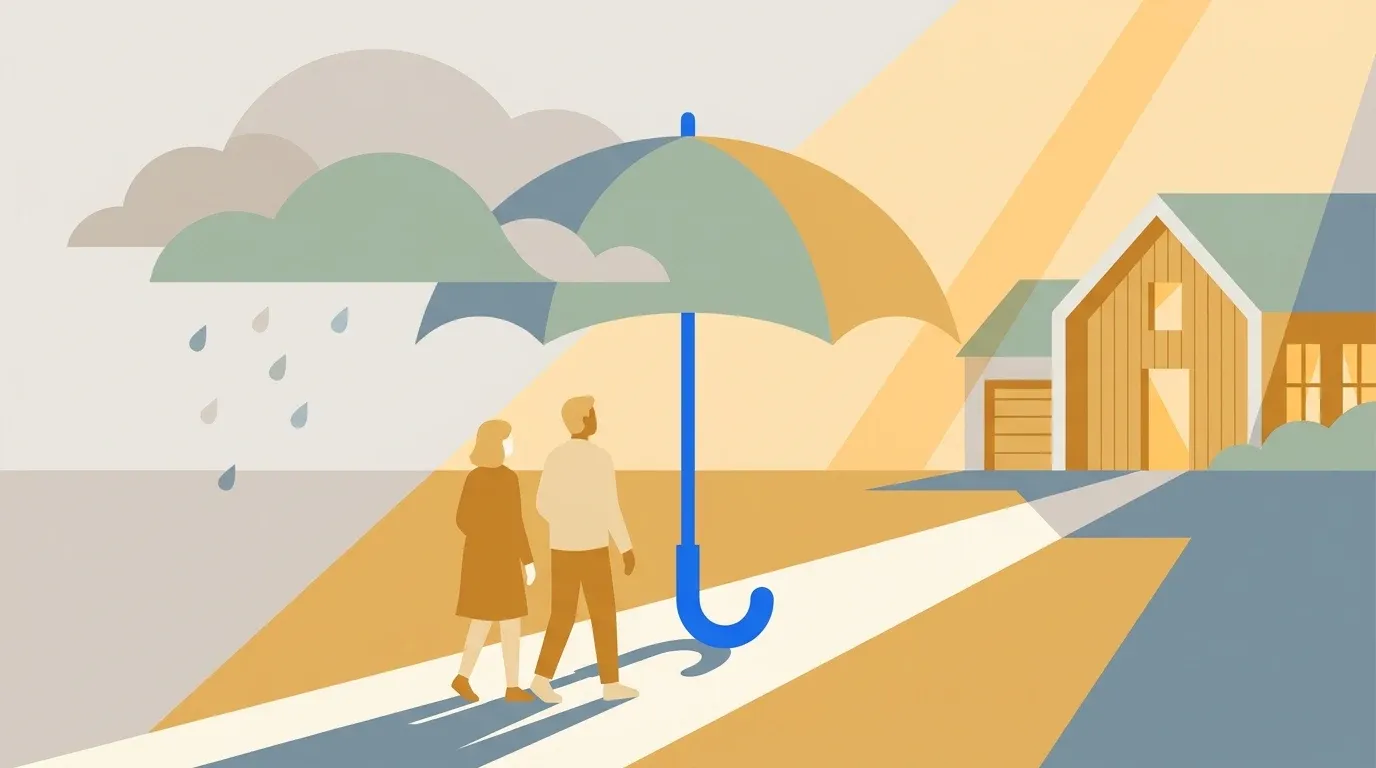 A prepared umbrella shelters a caregiving pair before rain arrives, representing emergency respite planning.
