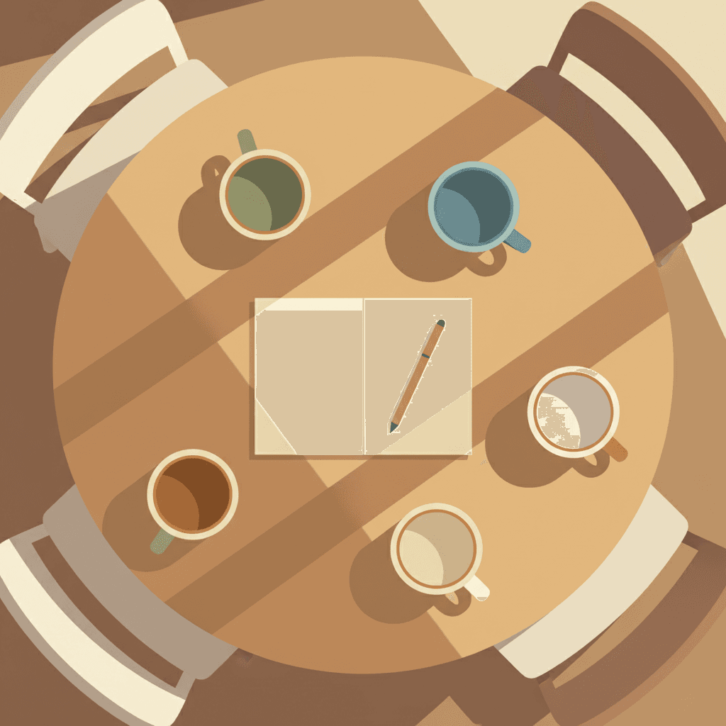 Warm community table with mugs and books, representing faith communities staying connected daily