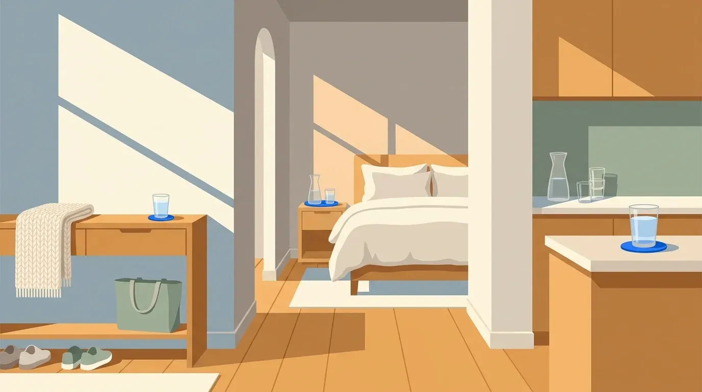 A prepared home shows entry, rest, and hydration areas for the first days after hospital discharge.