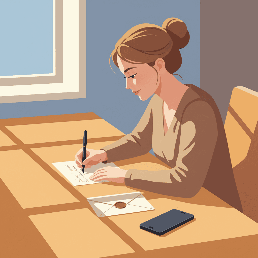 Following vs staying in touch woman writing letter illustration