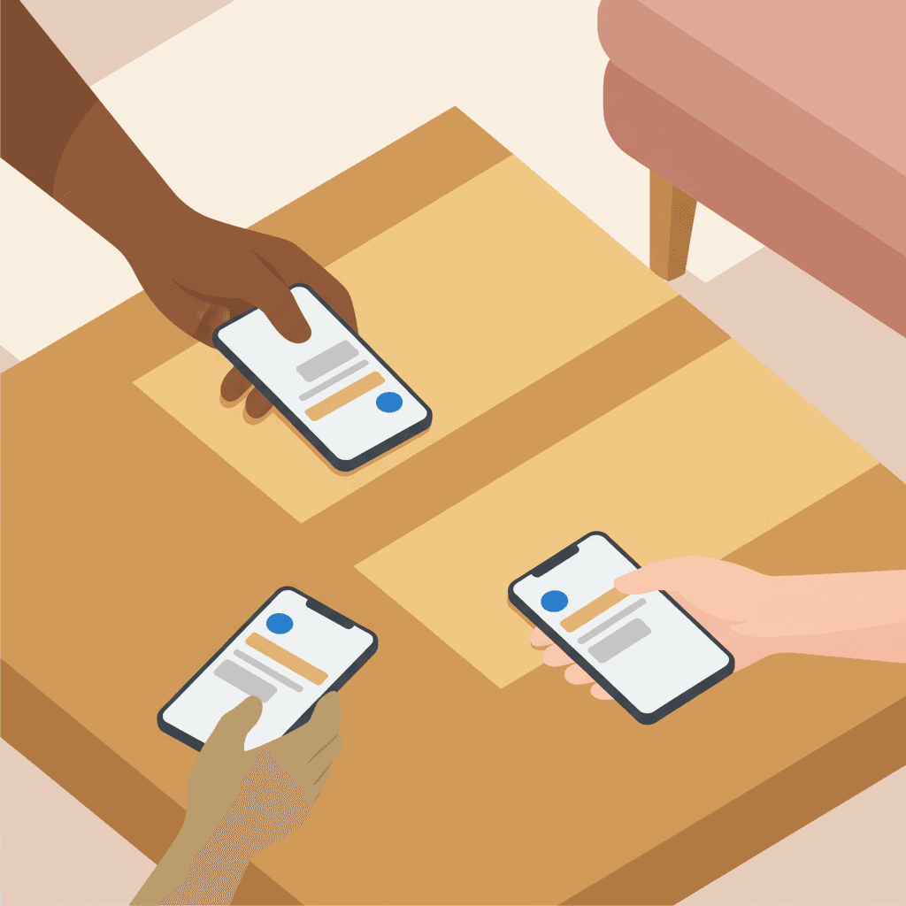 Three phones on a coffee table with three different hands reaching for them, representing friends staying connected