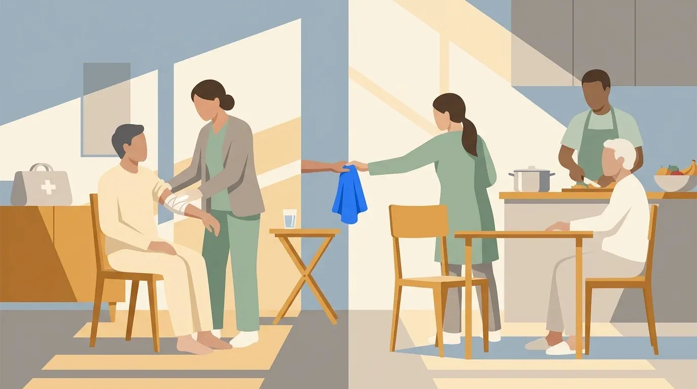 A split home scene compares skilled home health care with daily living assistance.