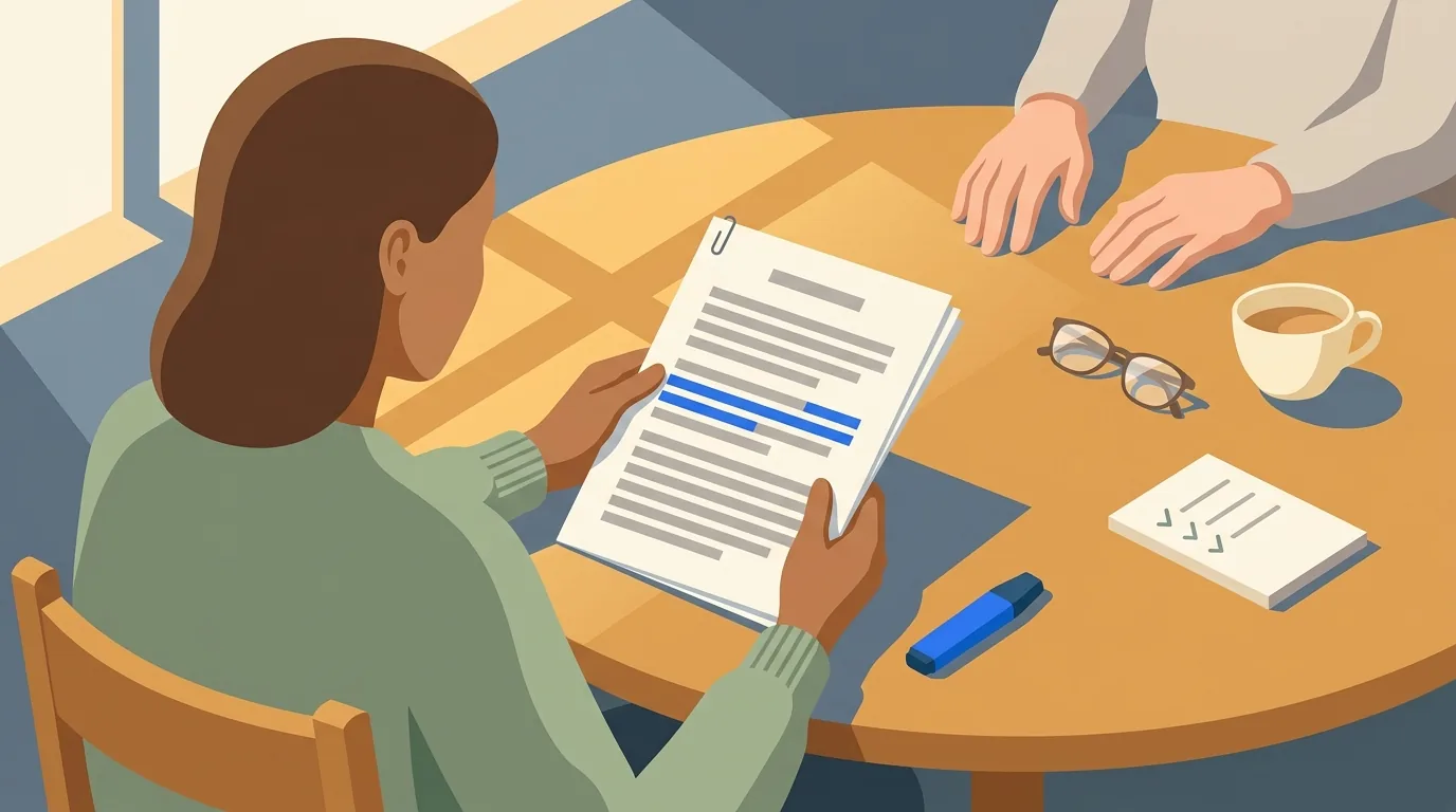 A daughter reads a marked-up discharge packet at the kitchen table while her mother waits beside her.