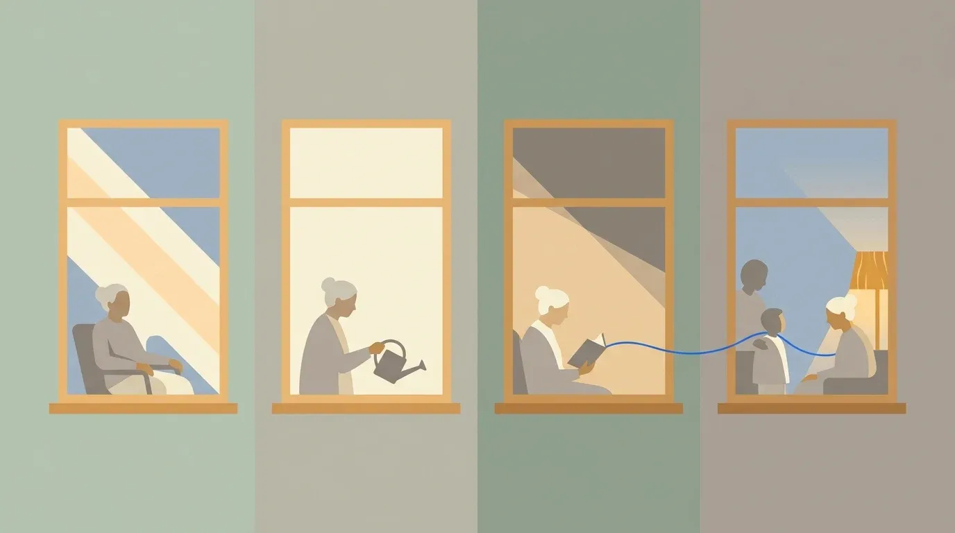 Repeated windows show a dependable rhythm of checking on an elderly parent over time.