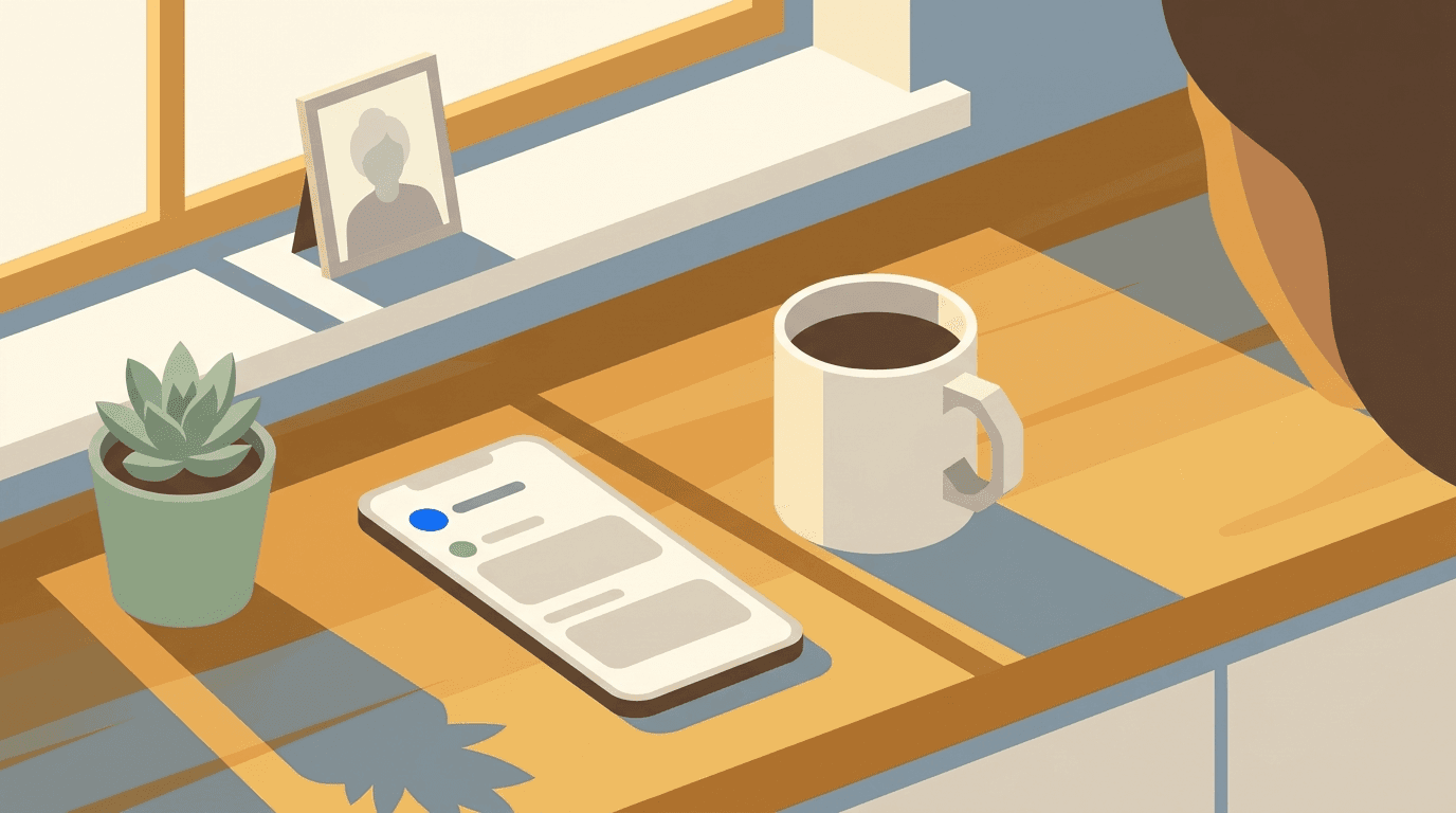 Flat illustration of a sunlit kitchen counter with a framed photo of an older parent on the windowsill and a smartphone showing a wellness check-in message, representing keeping in touch with an aging parent who lives far away.
