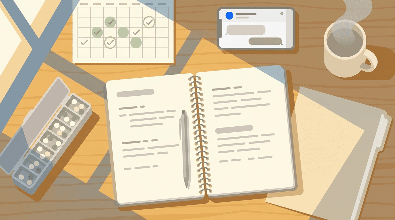 Flat illustration of an organized desk with an open care-log notebook, weekly pill organizer, checkmarked calendar and a phone showing a check-in message, representing documenting an aging parent’s care.