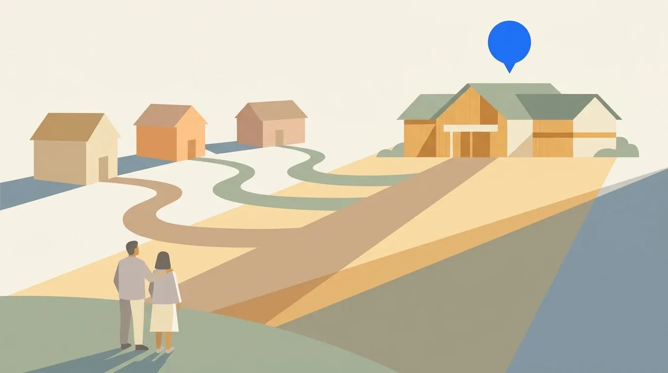 Several neighborhood paths converge on a welcoming respite care location marked by a small blue accent.