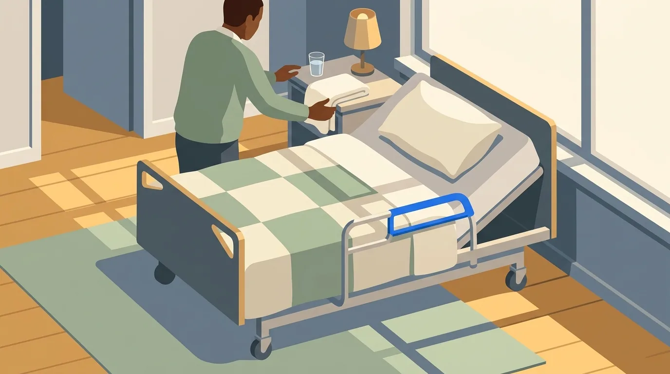 A son makes up an adjustable hospital bed with a safety rail in a sunlit bedroom, ready for his parent's return home.