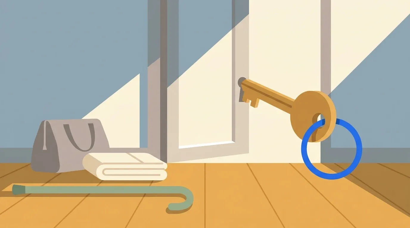 A key and caregiving objects represent finding the right route to respite care eligibility.