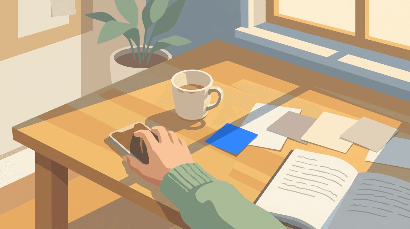 Flat illustration of a hand resting on a face-down smartphone beside a cold cup of coffee and scattered papers, representing the guilt of avoiding a parent’s call when out of capacity.
