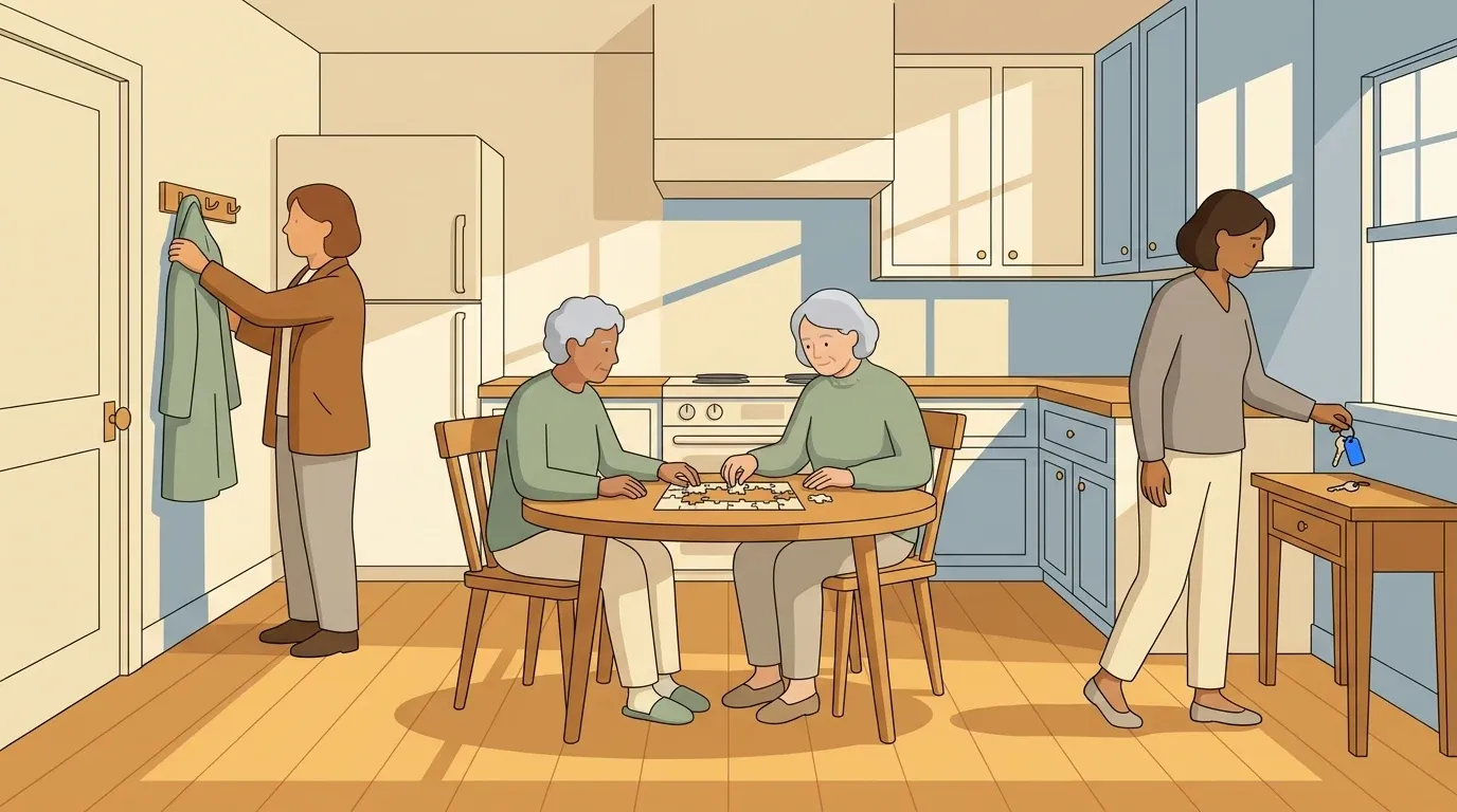 An in-home respite caregiver arrives as a family caregiver prepares to leave and an older adult continues a familiar activity.