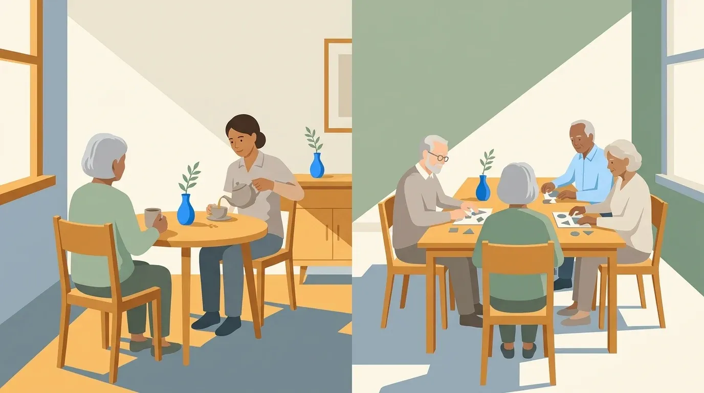 A split illustration compares respite care at home with a supervised adult day program.