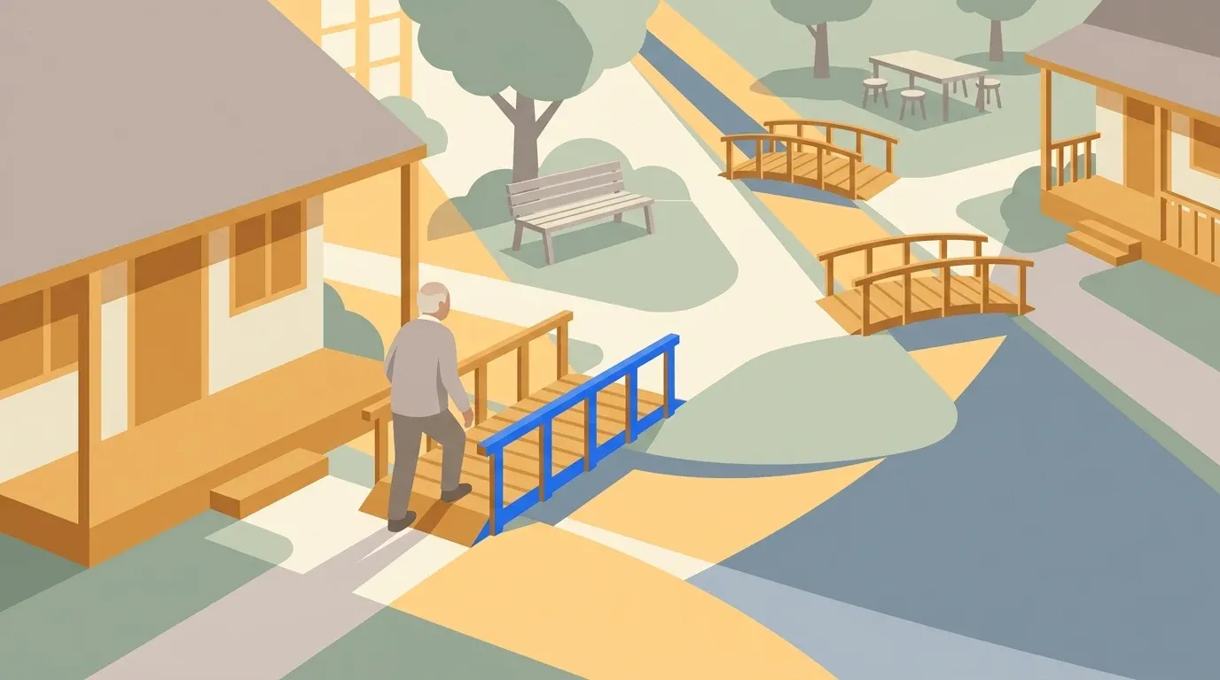 Multiple gentle paths connect an isolated older adult with nearby sources of companionship.