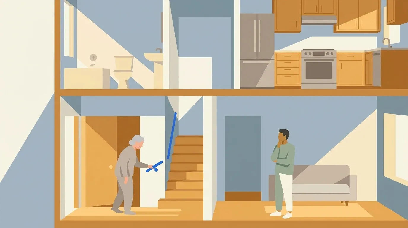 A family assesses safety across the rooms of a parent’s home.