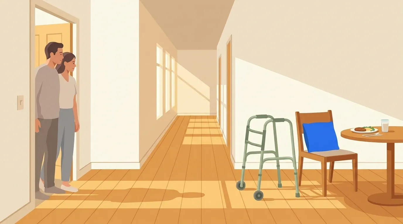 A family member assesses whether an older adult can safely be alone at home after discharge.