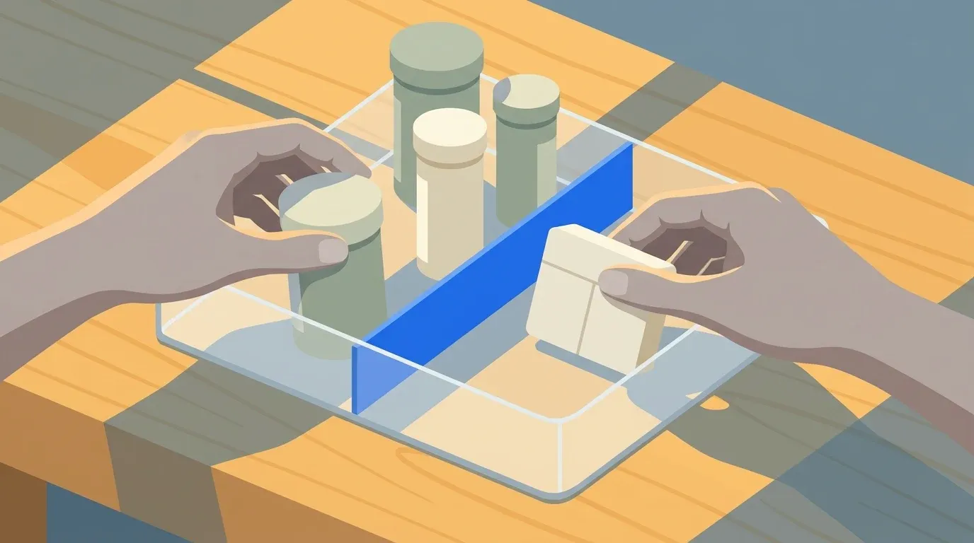 Family hands organize multiple unmarked medicine containers into one clear post-discharge system.