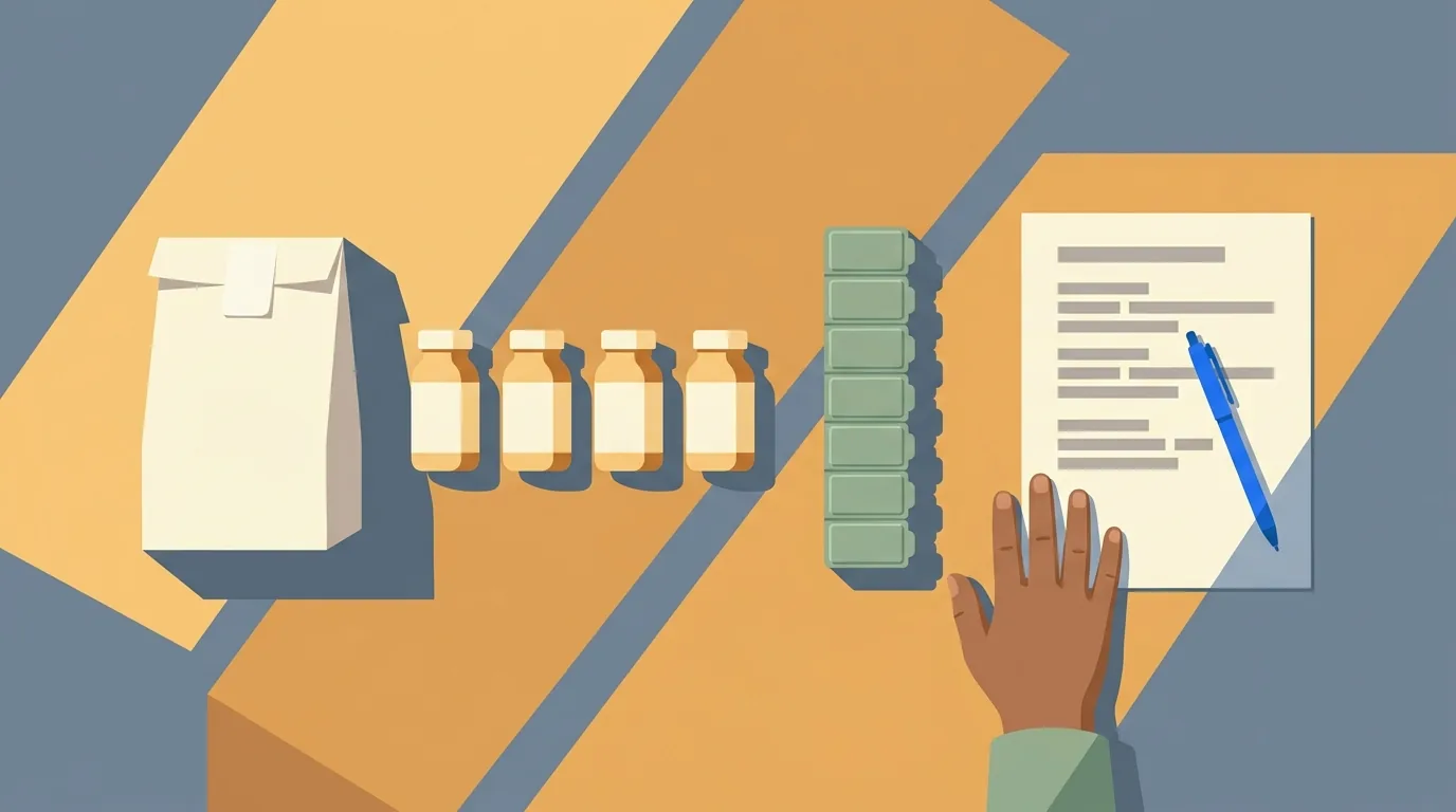 One medication list, one pharmacy bag, a row of bottles and a weekly pill organizer sit in order on a family table.