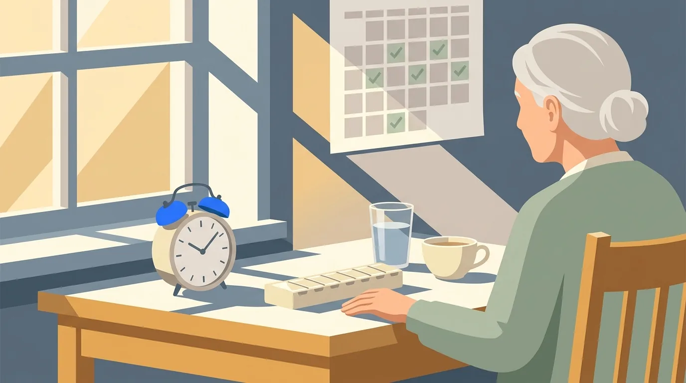 An older woman's morning routine of an alarm clock, pill organizer, water and a checked-off calendar keeps her medicines on schedule.