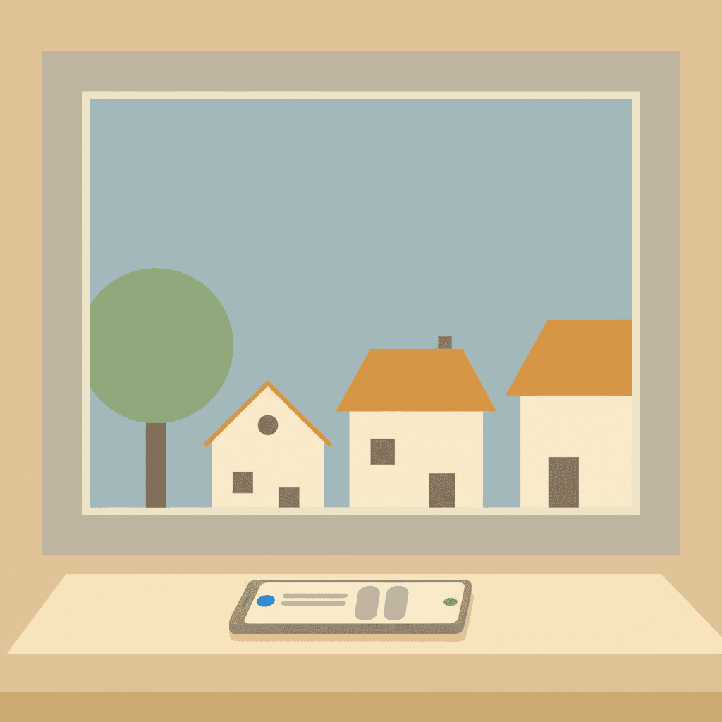 Phone on a windowsill with neighborhood houses visible through the window, symbolizing community wellness checks