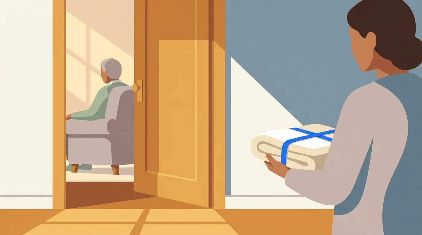 A patient caregiver waits outside a partly open door while a parent considers respite help.