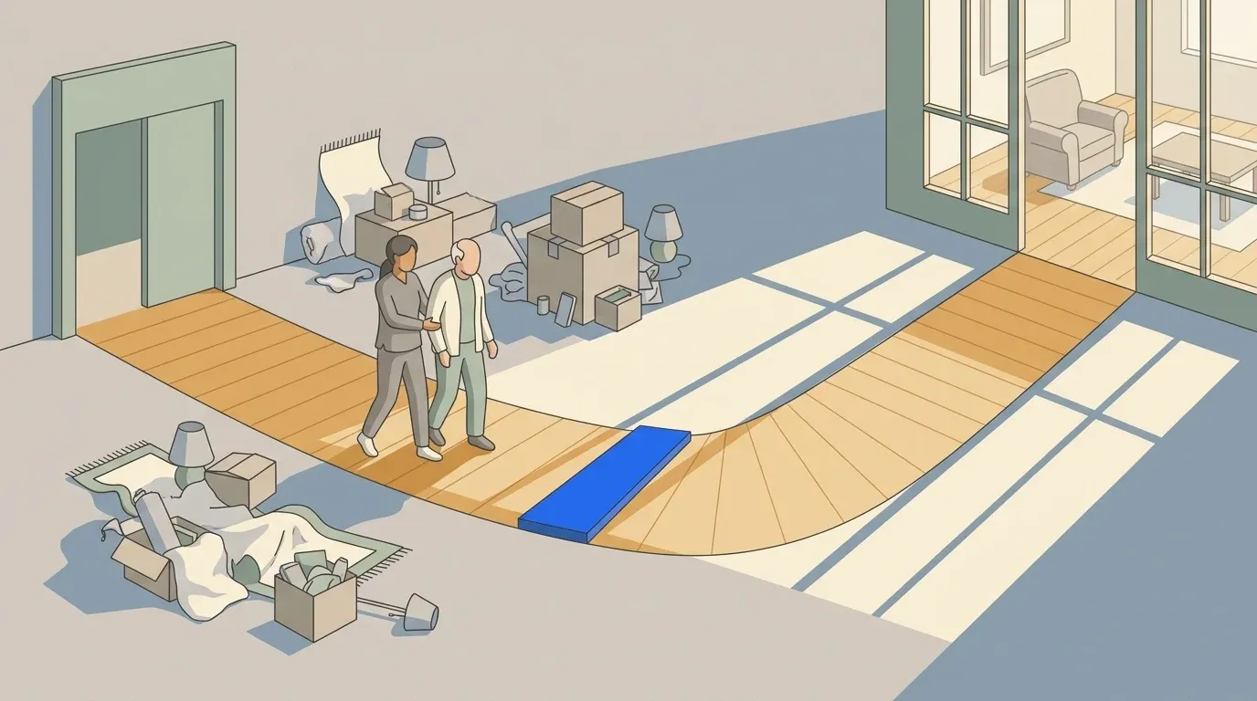A family clears obstacles along the path from hospital discharge to safe recovery at home.