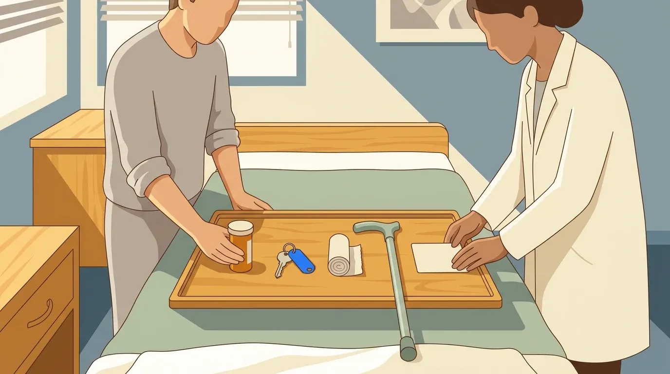 A clinician and family member review practical discharge needs using five care objects.